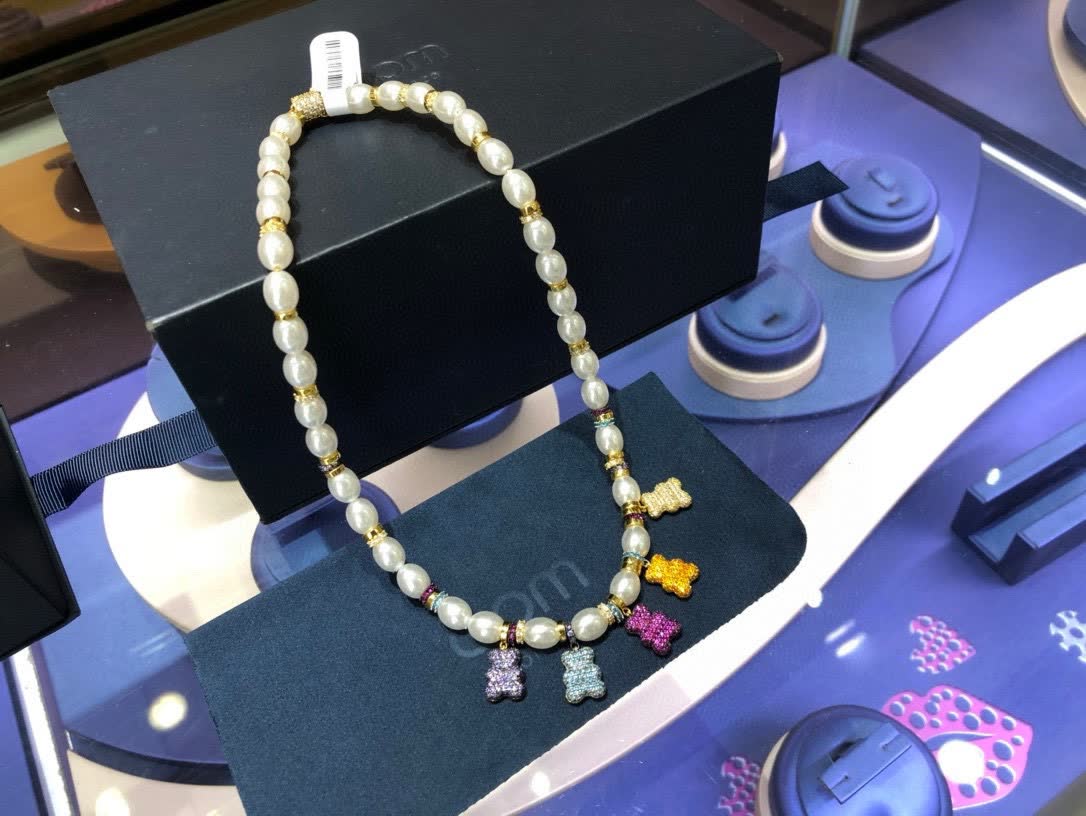 APM Monaco Pearl and Crystal Bear Charm Necklace